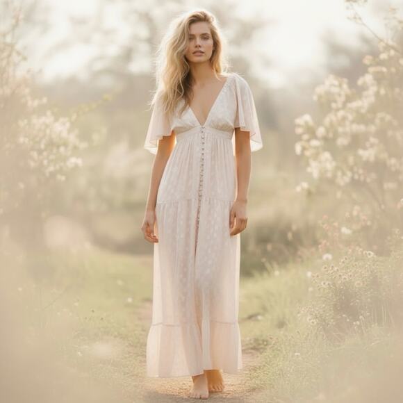 Free People Dainty Ethereal Fairy Cha Cha Maxi Dress in Ivory Cream Size Medium - Picture 2 of 16